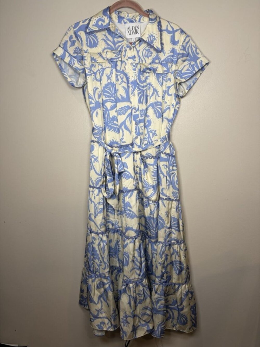 Alden Adair Rachel Dress Small Blue Floral Tiered Pleated Party Event NWOT